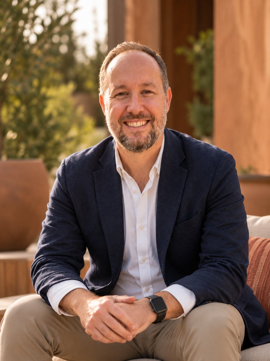 Raoni, smiling, in a navy blazer and white shirt
