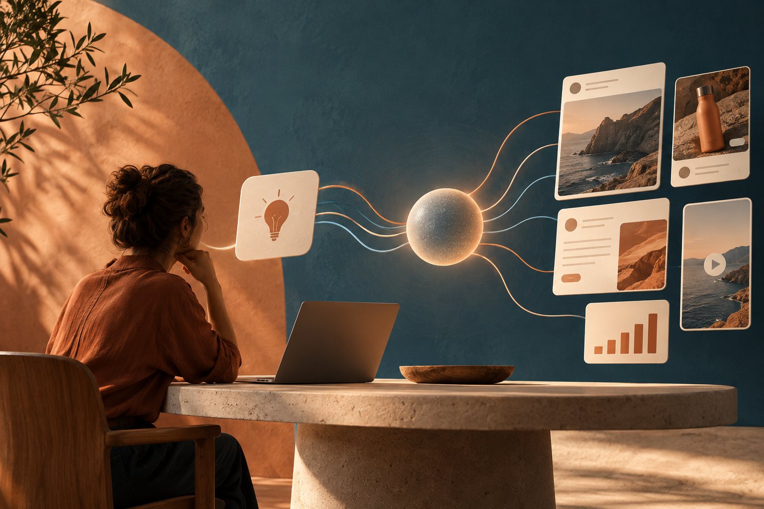 A marketer at a stone table watches an idea flow through an AI orb into ads, video, social posts and a results chart